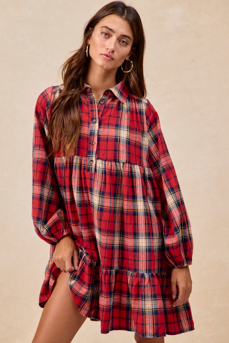 Urban Wear ID2029S-19 | PLAID WOVEN SHRRING BUTTONED TIERED SHIRT DRESS