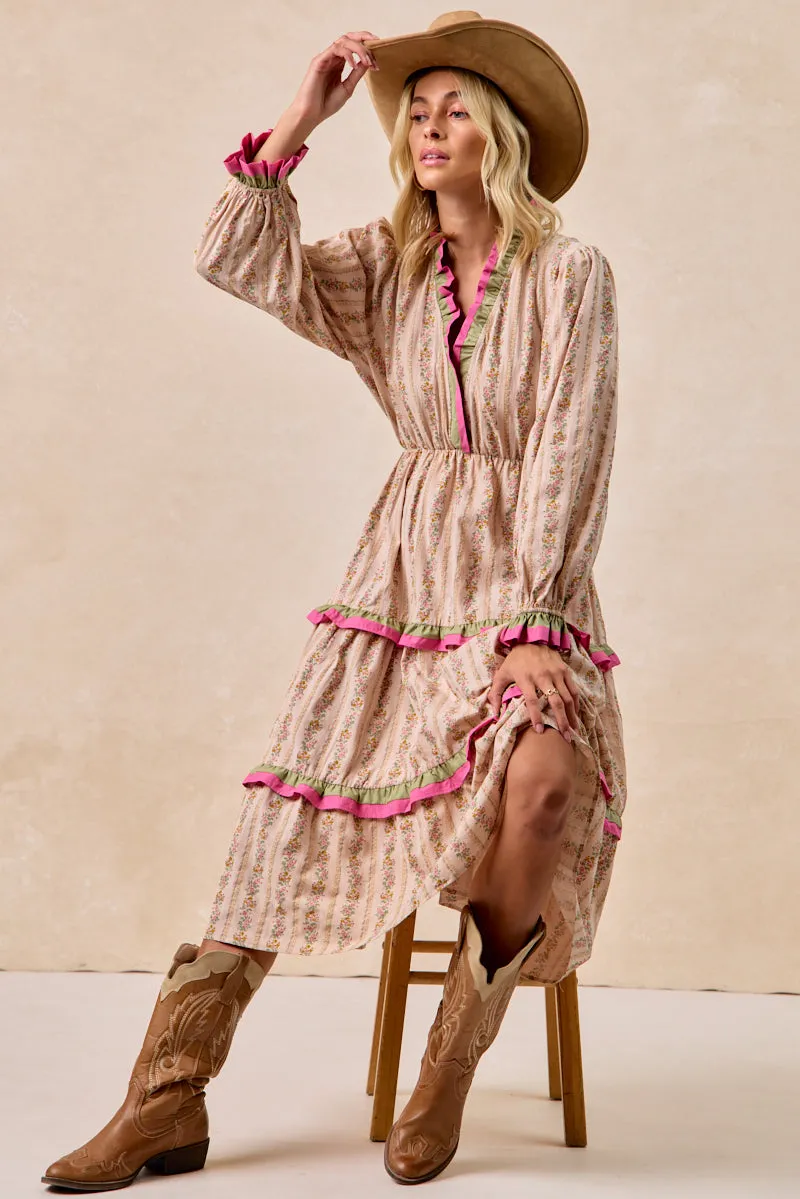 ID2047G-02 | FLORAL STRIPES PRINTED MIDI DRESS WITH RUFFLE EDGE Modern Fit Single Breasted