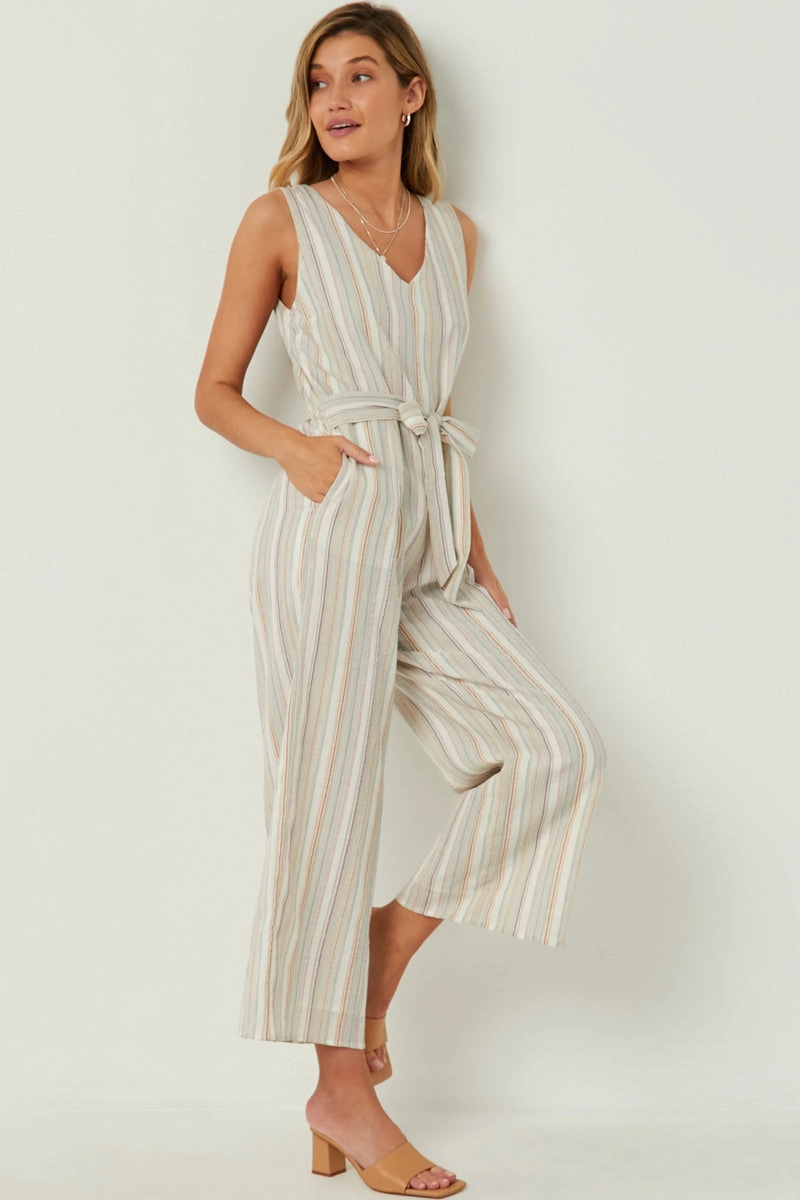 Multi Stripe V Neck Sleeveless Belted Jumpsuit Form Fit Simple Profile
