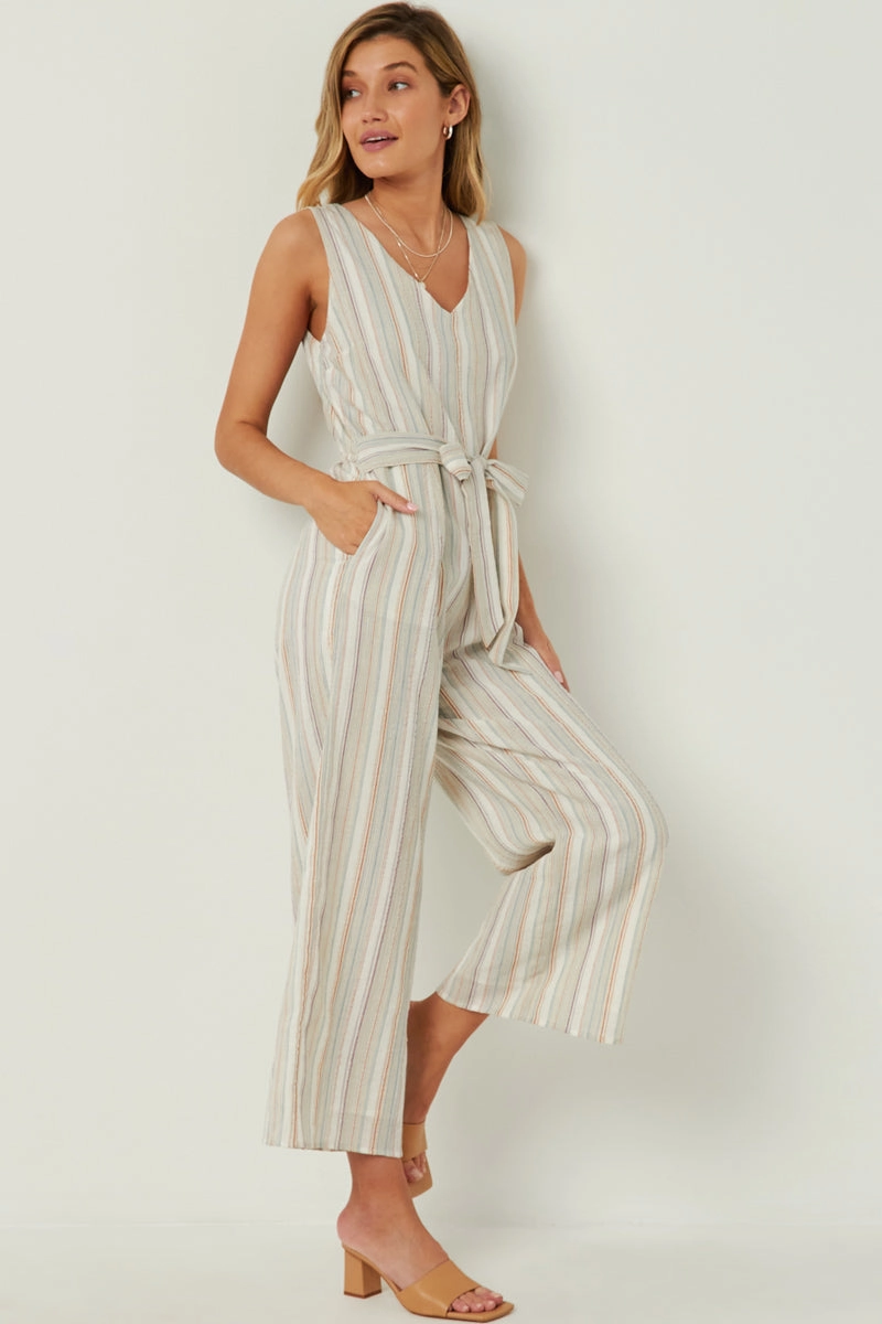 Refined Aesthetic Multi Stripe V Neck Sleeveless Belted Jumpsuit