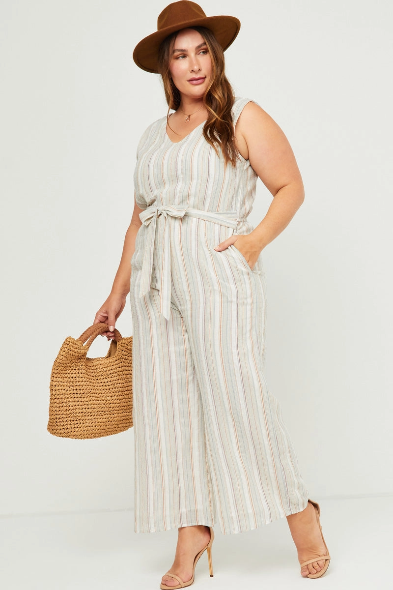 Multi Stripe V Neck Sleeveless Belted Jumpsuit Light Weight Fashion-forward day dress