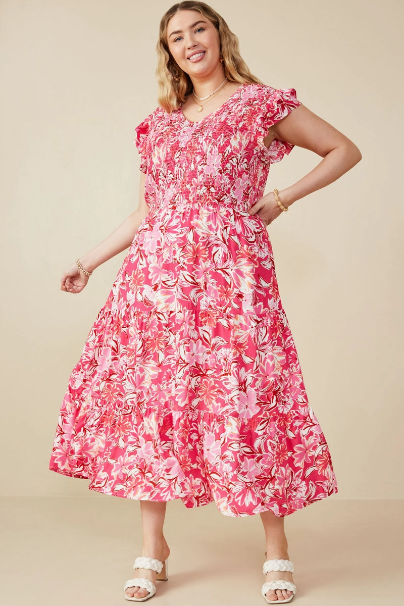 Refined touch Tropical Floral Smocked Ruffled Tank Dress