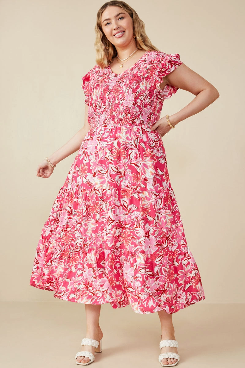 Simple Elegance Tropical Floral Smocked Ruffled Tank Dress