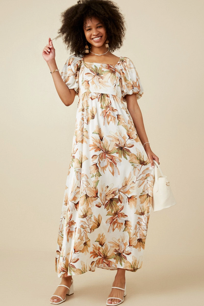 City Essential Smooth Motion Watercolor Floral Bubble Sleeve Smock Back Dress