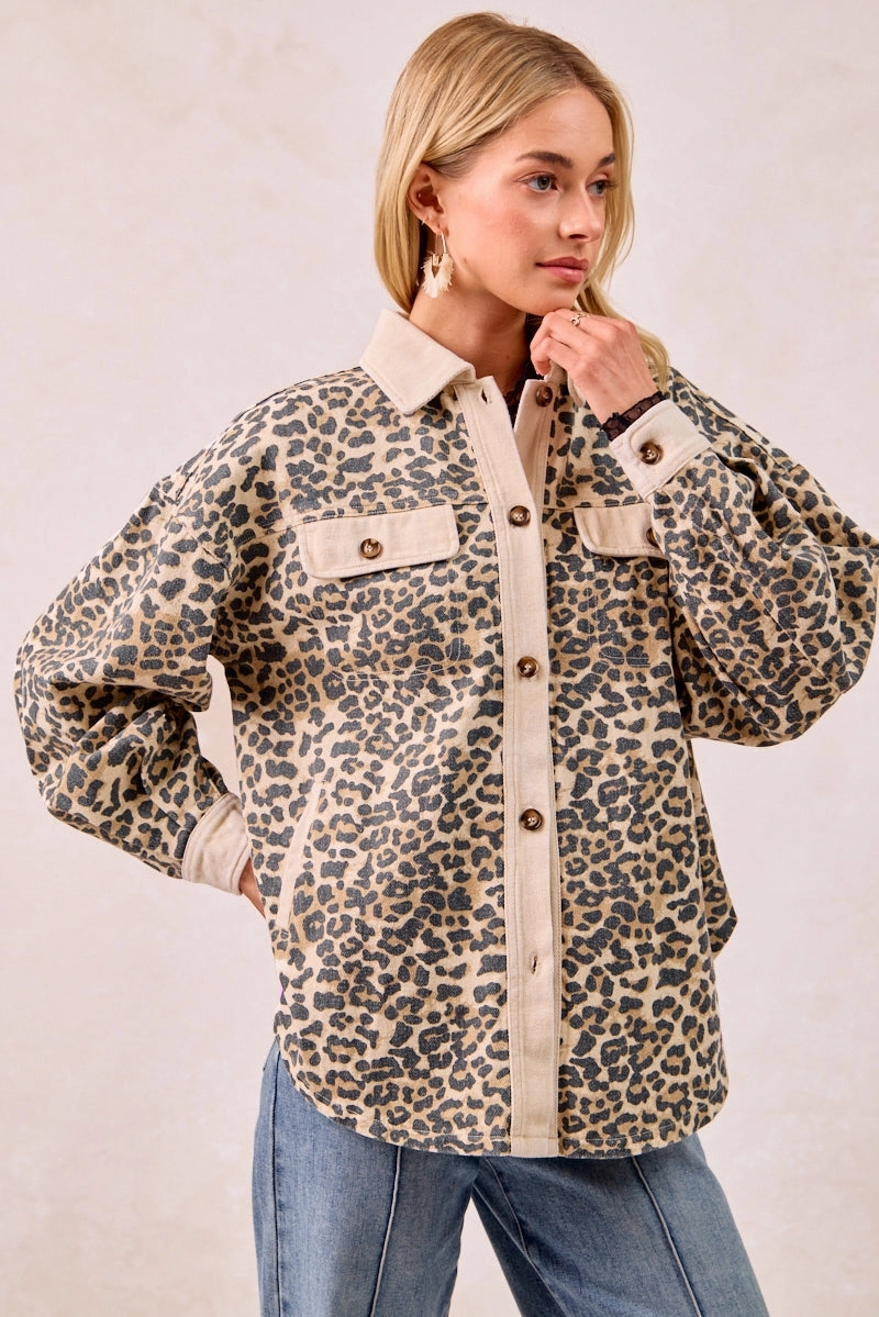 City Wear Layered Comfort Look IP4500R-99 | WASHED LEOPARD PRINT JACKET WITH CHEST POCKET
