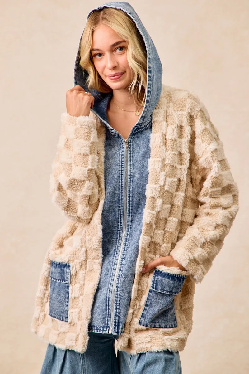 Street Utility IP5489G-05 | CHECKER SHERPA DENIM MIX AND MATCH HOOD CARDIGAN