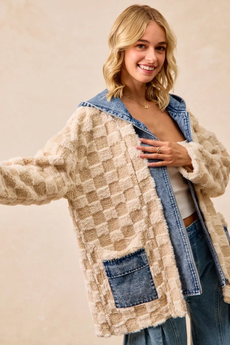 IP5489G-05 | CHECKER SHERPA DENIM MIX AND MATCH HOOD CARDIGAN Comfy Stretch Easy Movement