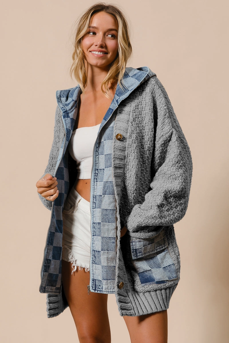 IP5489G-03 | WASHED CHECKER DENIM ZIP UP SWEATER CARDIGAN Everyday Urban Style