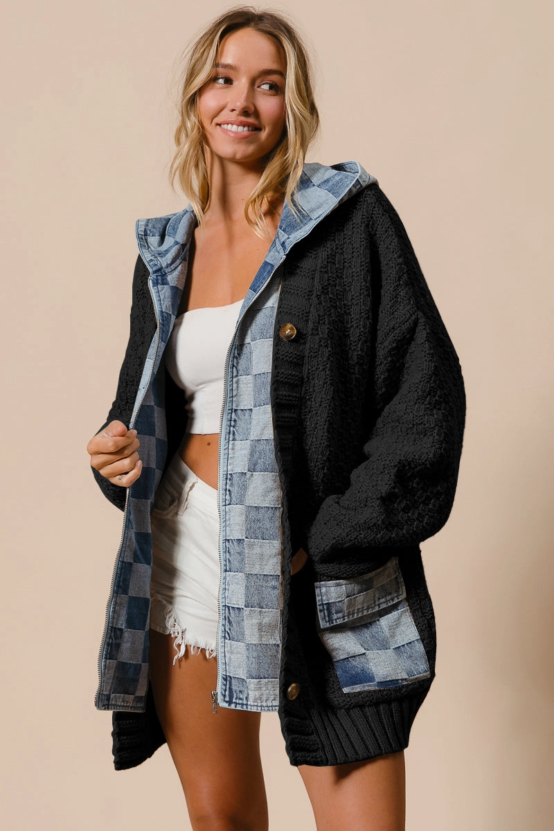 IP5489G-03 | WASHED CHECKER DENIM ZIP UP SWEATER CARDIGAN Relaxed Daily Style