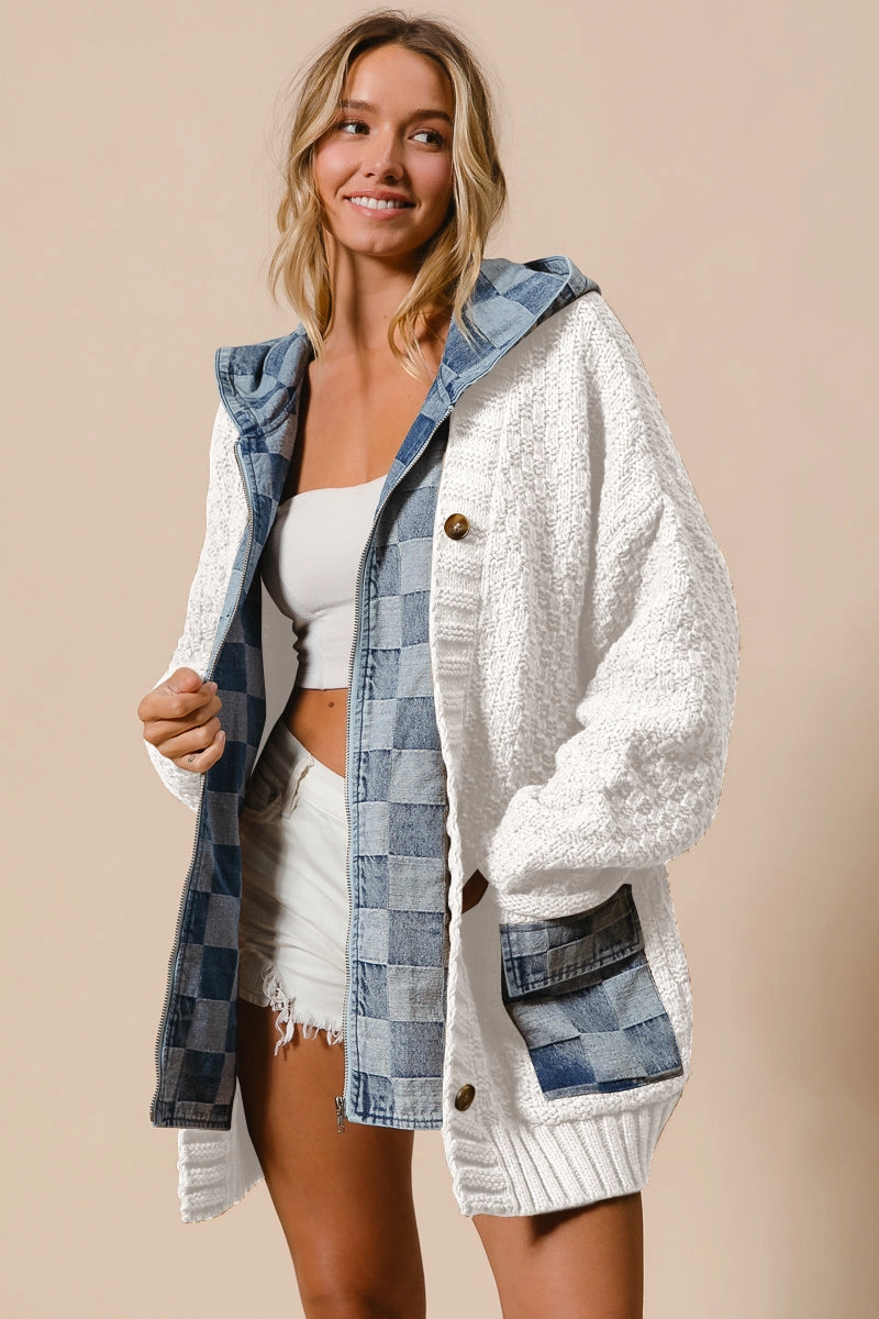 IP5489G-03 | WASHED CHECKER DENIM ZIP UP SWEATER CARDIGAN Versatile Design