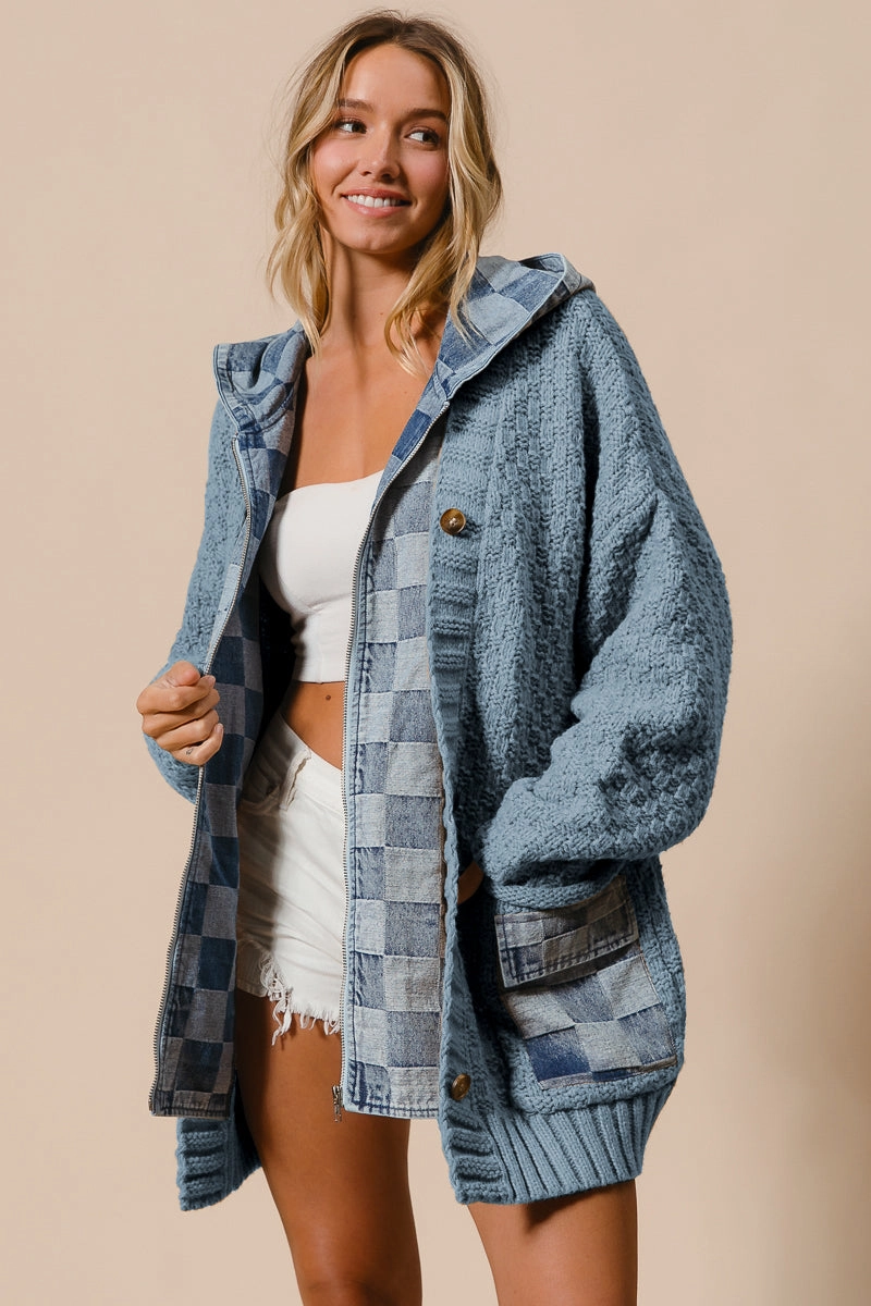 IP5489G-03 | WASHED CHECKER DENIM ZIP UP SWEATER CARDIGAN Streetwear vibe