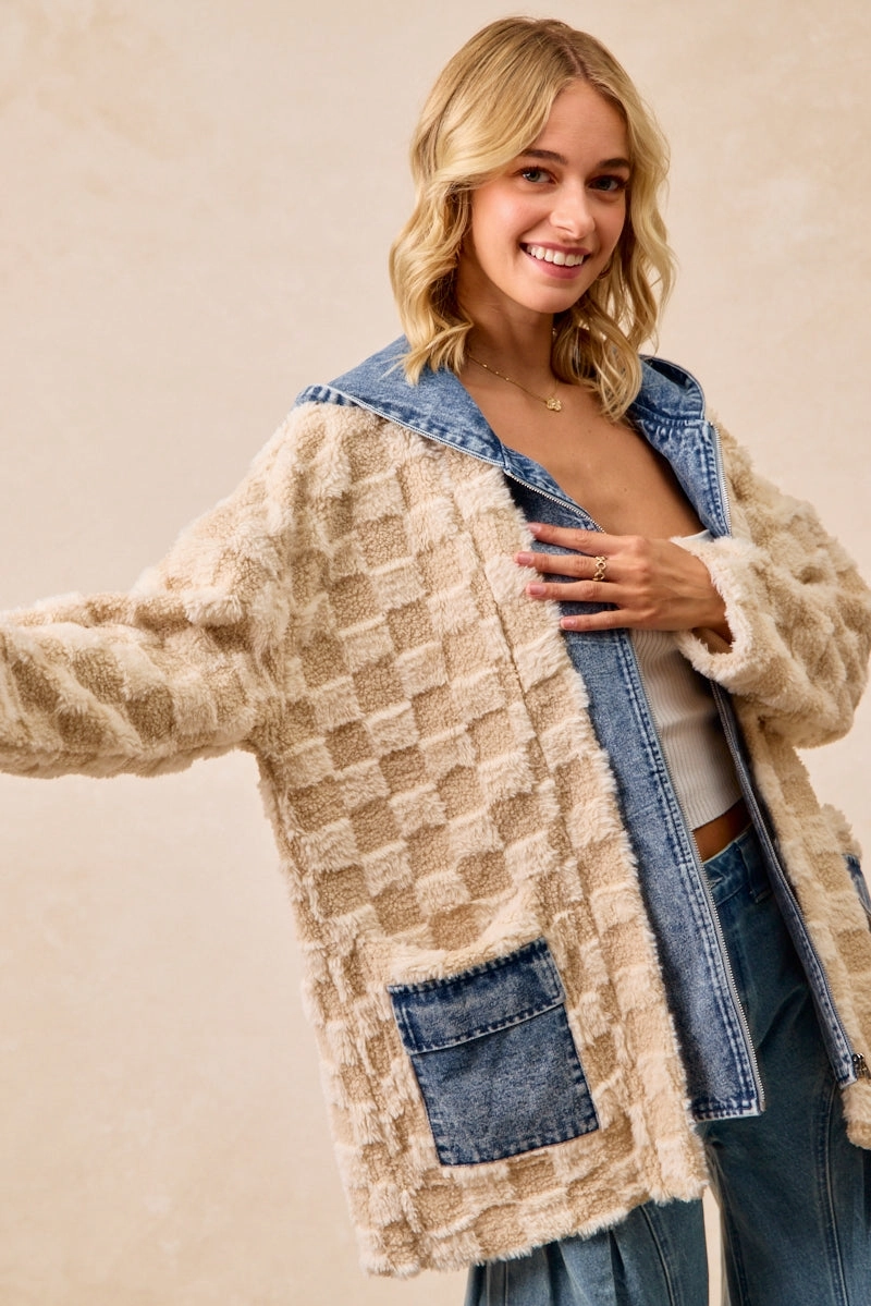 IP5489G-05 | CHECKER SHERPA DENIM MIX AND MATCH HOOD CARDIGAN Modern Street City Ready Wear