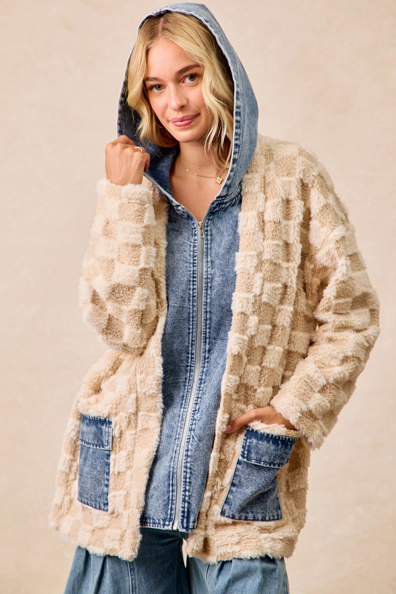 Subtle Fashion Fit IP5489G-05 | CHECKER SHERPA DENIM MIX AND MATCH HOOD CARDIGAN