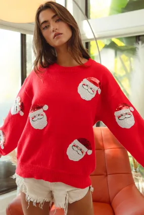 Everyday Urban Style Knee Length IP5685-32 | SEQUIN SANTA PATCHES SWEATER CHRISTMAS PULLOVER