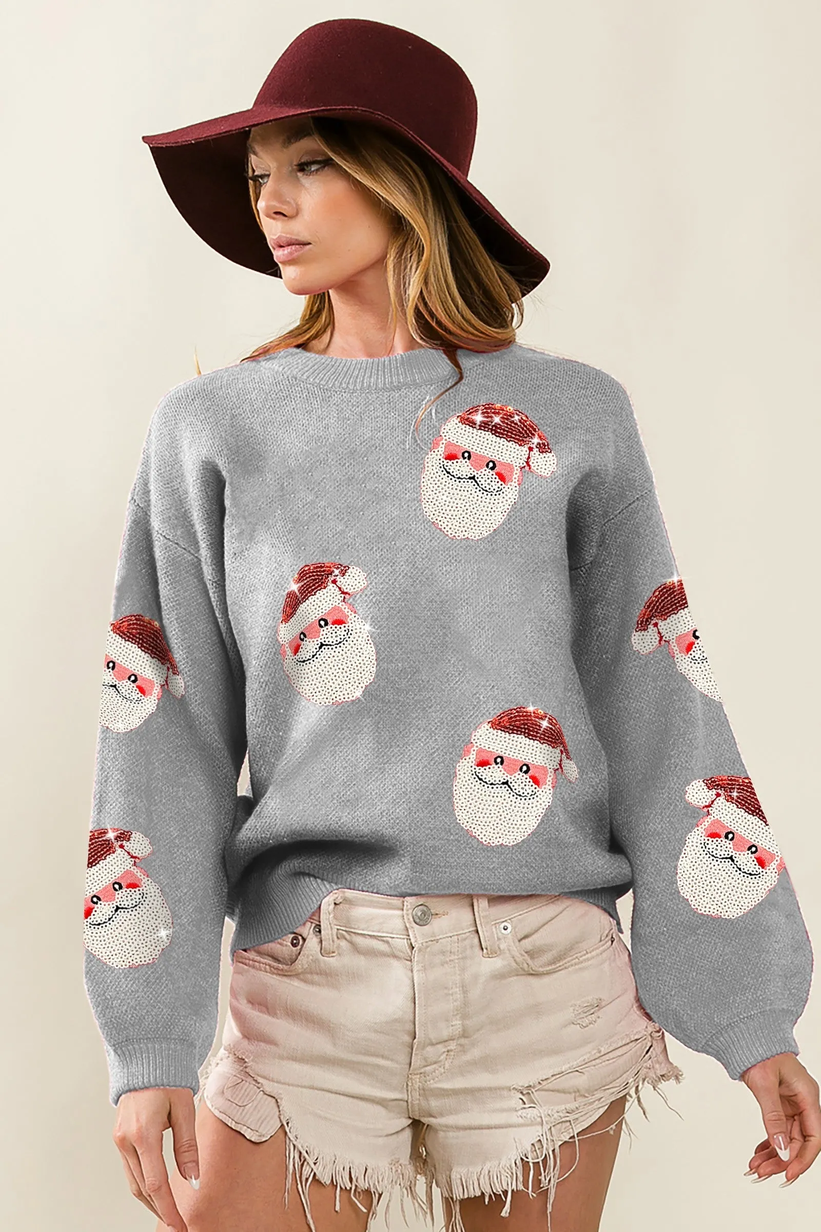 Embellished Trim IP5685-32 | SEQUIN SANTA PATCHES SWEATER CHRISTMAS PULLOVER