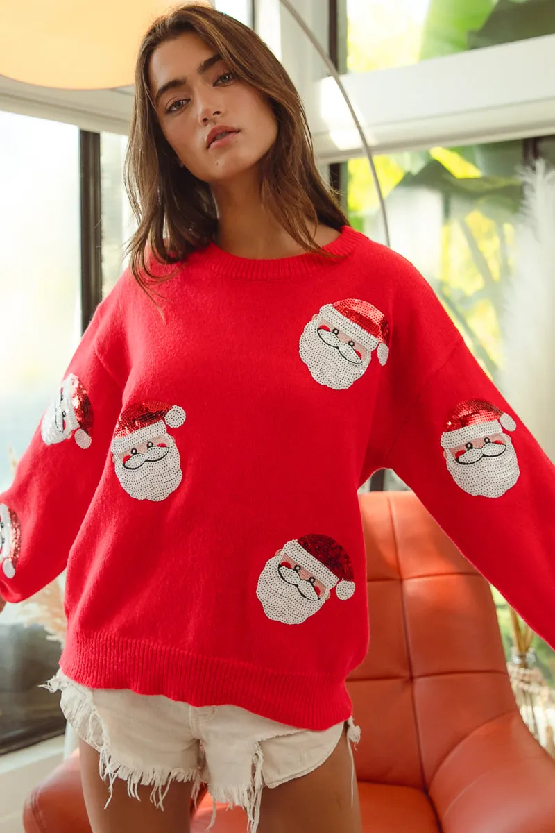 Mid Length Design IP5685-32 | SEQUIN SANTA PATCHES SWEATER CHRISTMAS PULLOVER