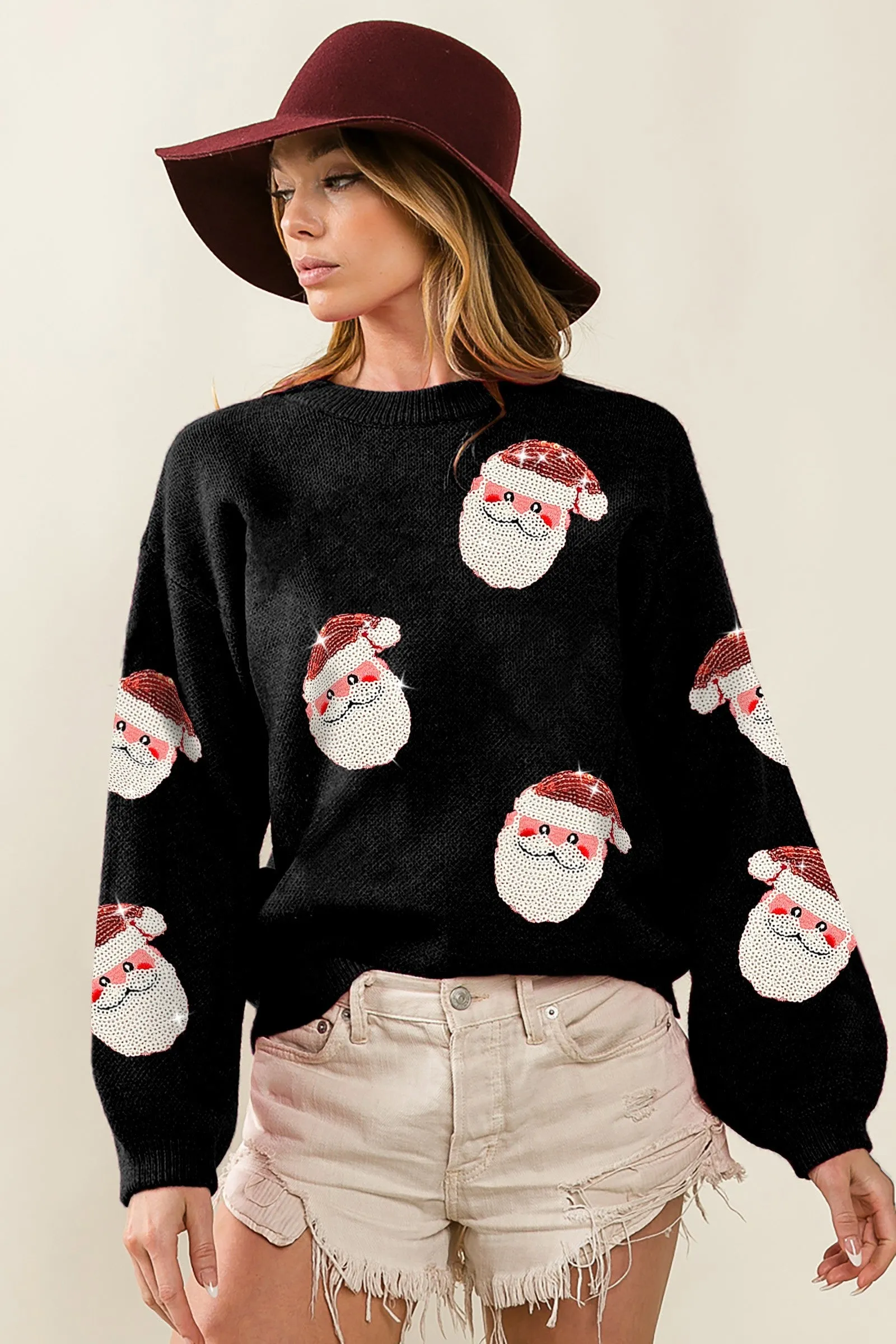Versatile Fit Layer Fashion Use IP5685-32 | SEQUIN SANTA PATCHES SWEATER CHRISTMAS PULLOVER