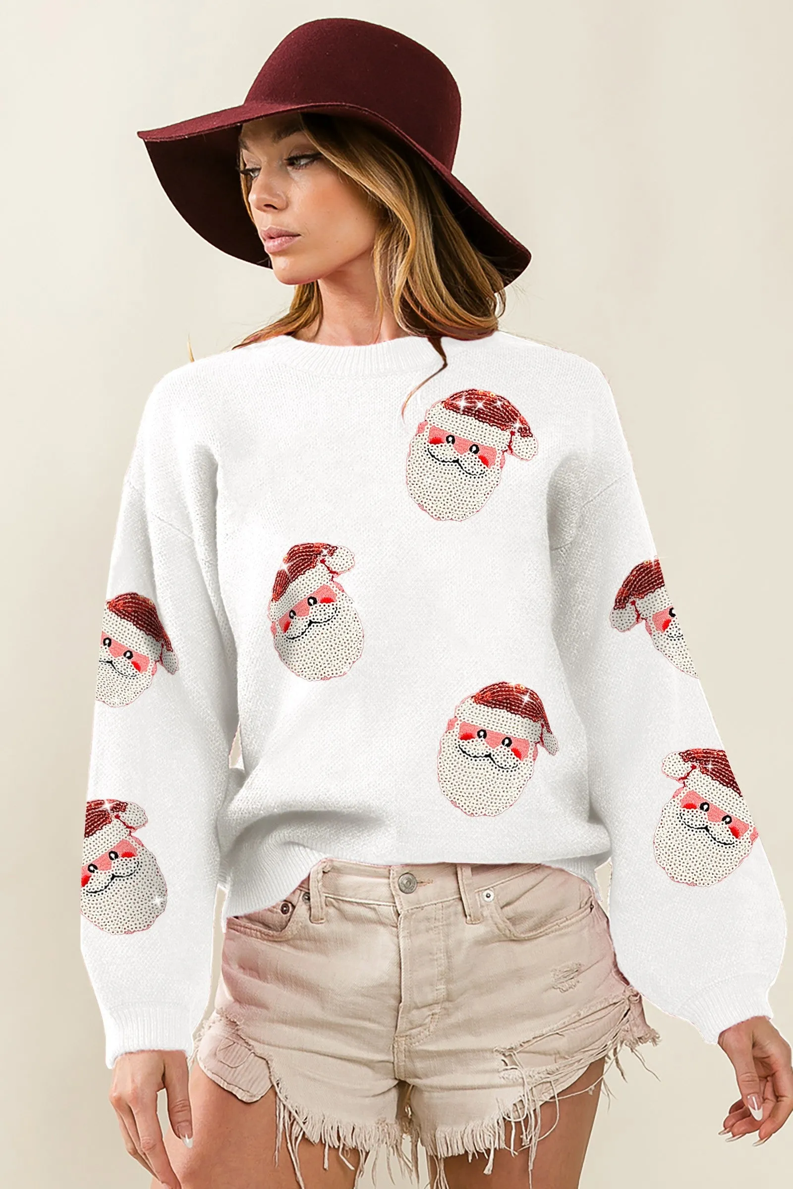 IP5685-32 | SEQUIN SANTA PATCHES SWEATER CHRISTMAS PULLOVER Transitional Look