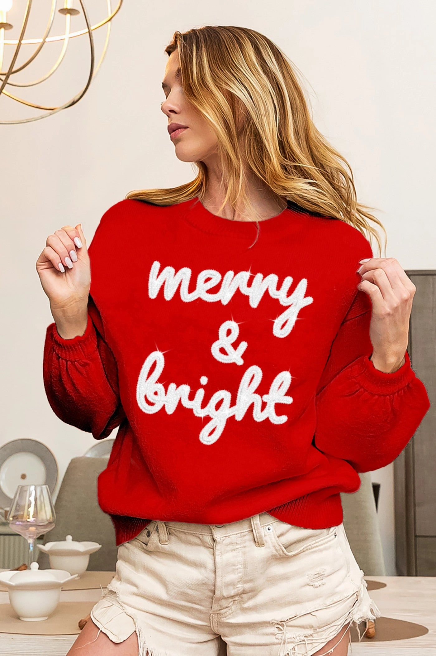IP5685-20 | TINSEL LETTERING CHRISTMAS SWEATER Structured fabric Flared Legs