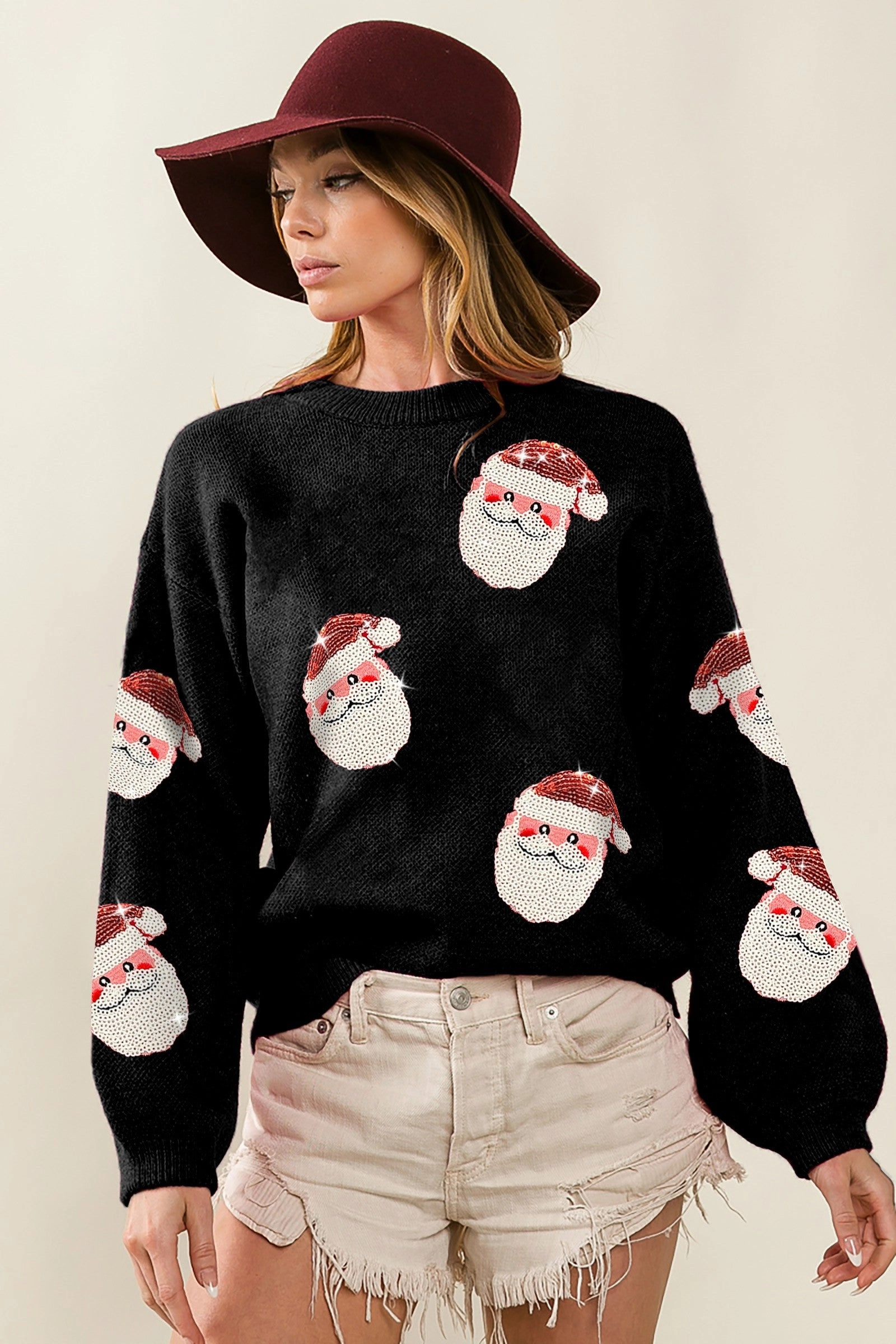 IP5685-32 | SEQUIN SANTA PATCHES SWEATER CHRISTMAS PULLOVER Street Comfort Eco-Friendly Material