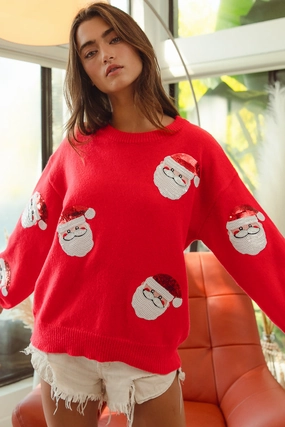 IP5685-32 | SEQUIN SANTA PATCHES SWEATER CHRISTMAS PULLOVER Smart Look Layering Piece