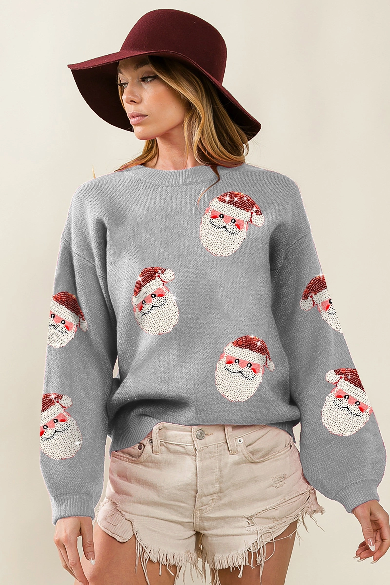 No Fuss Seasonal Basic IP5685-32 | SEQUIN SANTA PATCHES SWEATER CHRISTMAS PULLOVER