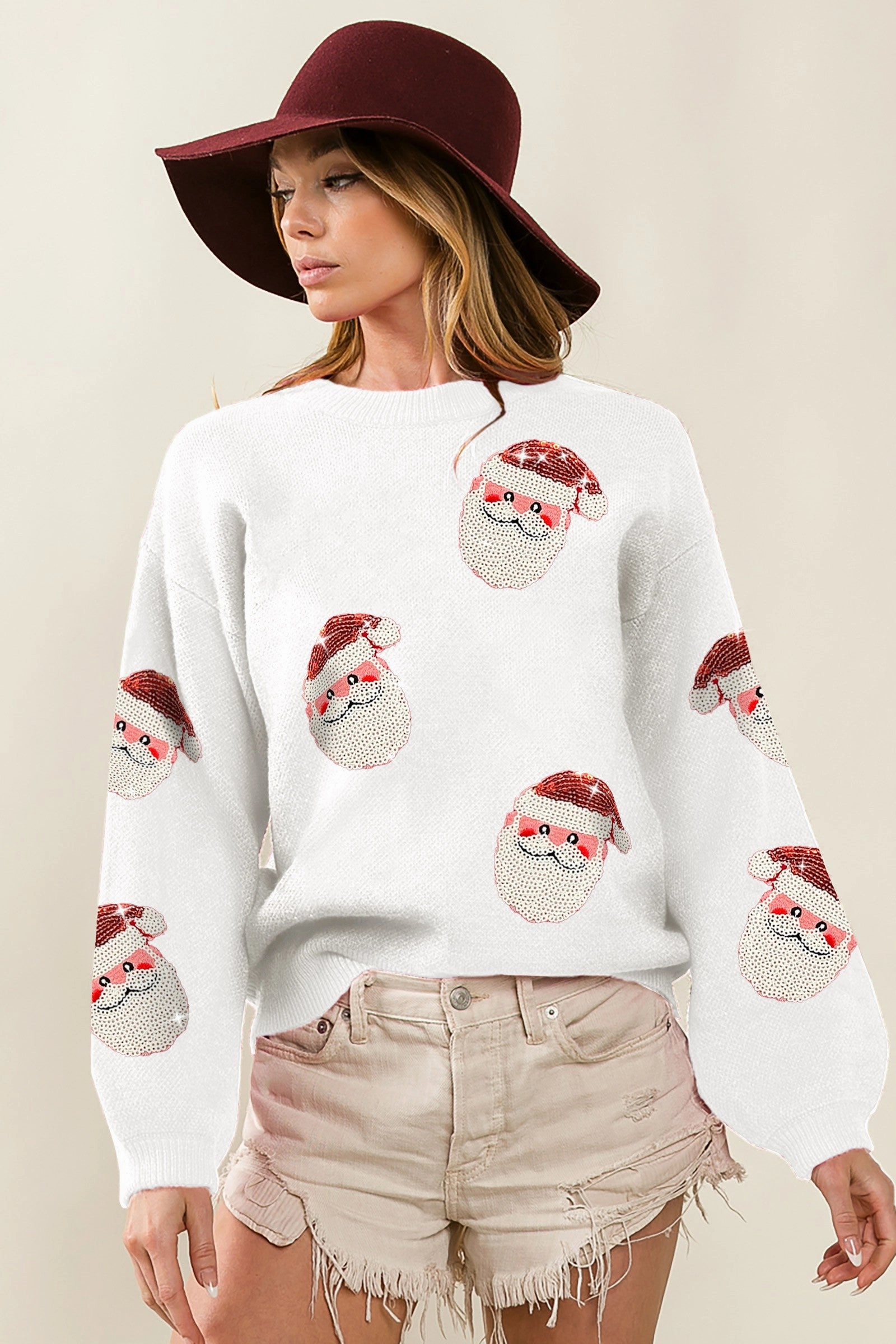 IP5685-32 | SEQUIN SANTA PATCHES SWEATER CHRISTMAS PULLOVER Relaxed Fit Travel Friendly