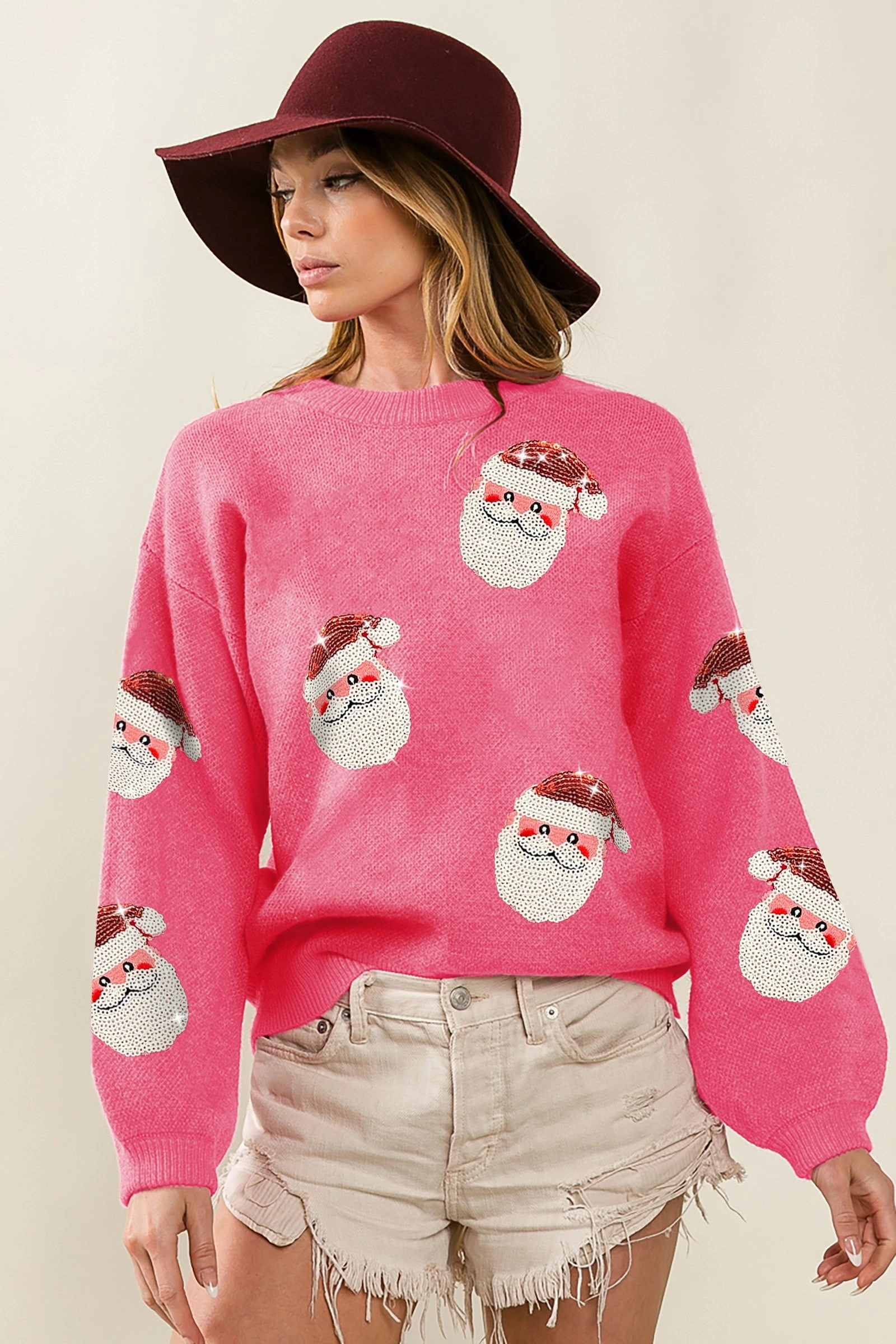IP5685-32 | SEQUIN SANTA PATCHES SWEATER CHRISTMAS PULLOVER Flared bottom