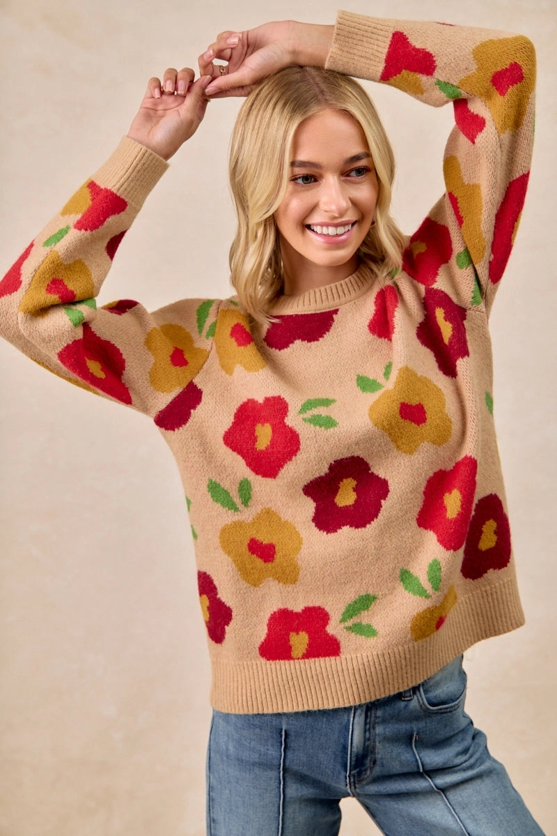 Machine washable IP5685G-82 | FLORAL PATTERN SWEATER TOP