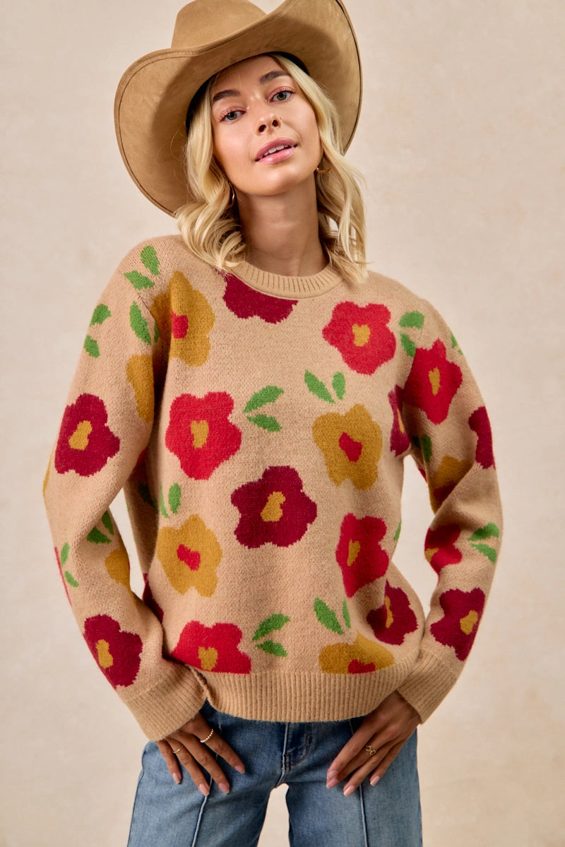 Wide-leg cut Functional Waist IP5685G-82 | FLORAL PATTERN SWEATER TOP