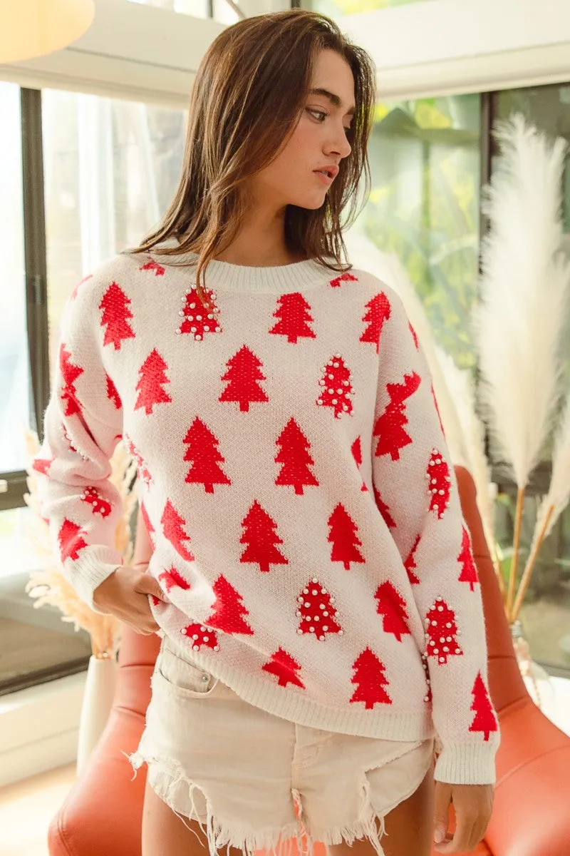 slim cut Elegant Styling IP5685J-17 | PEARL BEADS TREE PATTERN CHRISTMAS SWEATER
