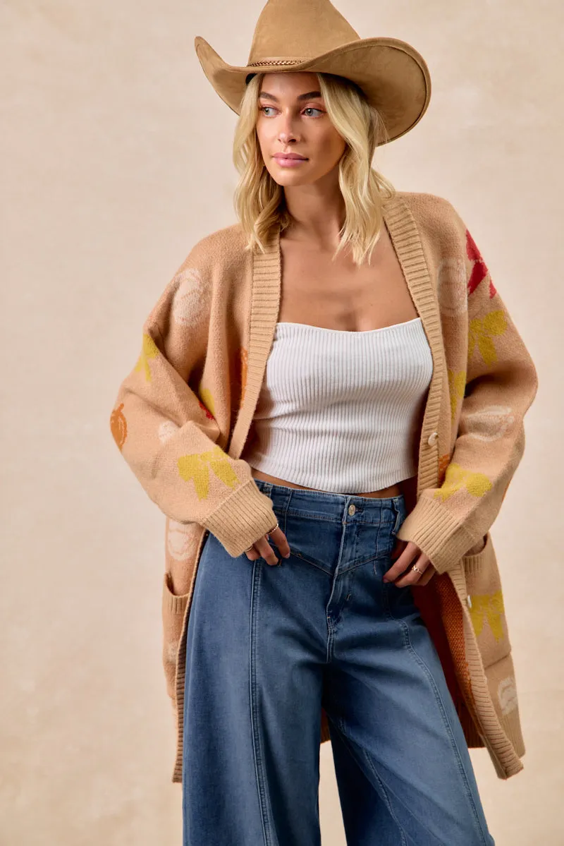 All Year IP6173G-09 | THANKSGIVING THEME PATTERN LONG SWEATER CARDIGAN