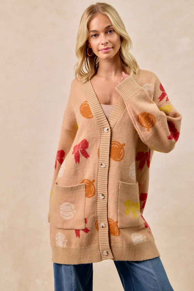 IP6173G-09 | THANKSGIVING THEME PATTERN LONG SWEATER CARDIGAN Travel Layer Insulated Warmth