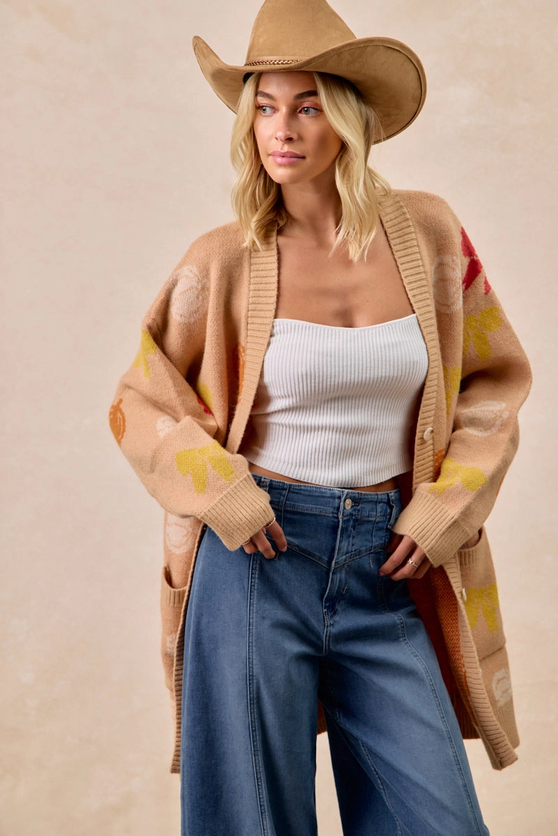 IP6173G-09 | THANKSGIVING THEME PATTERN LONG SWEATER CARDIGAN Formal Look Roomy Fit