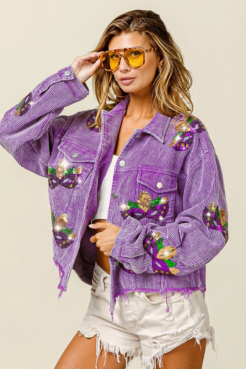 Understated Elegance Satin Grace IP6187-20 | MARDI GRAS SEQUIN PATCHES WASHED CORDUROY JACKET
