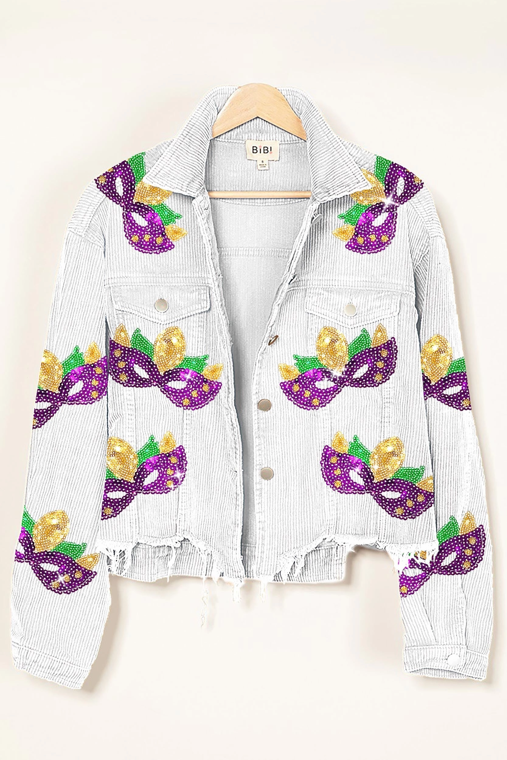 Understated Glam Color-Blocked IP6187-20 | MARDI GRAS SEQUIN PATCHES WASHED CORDUROY JACKET