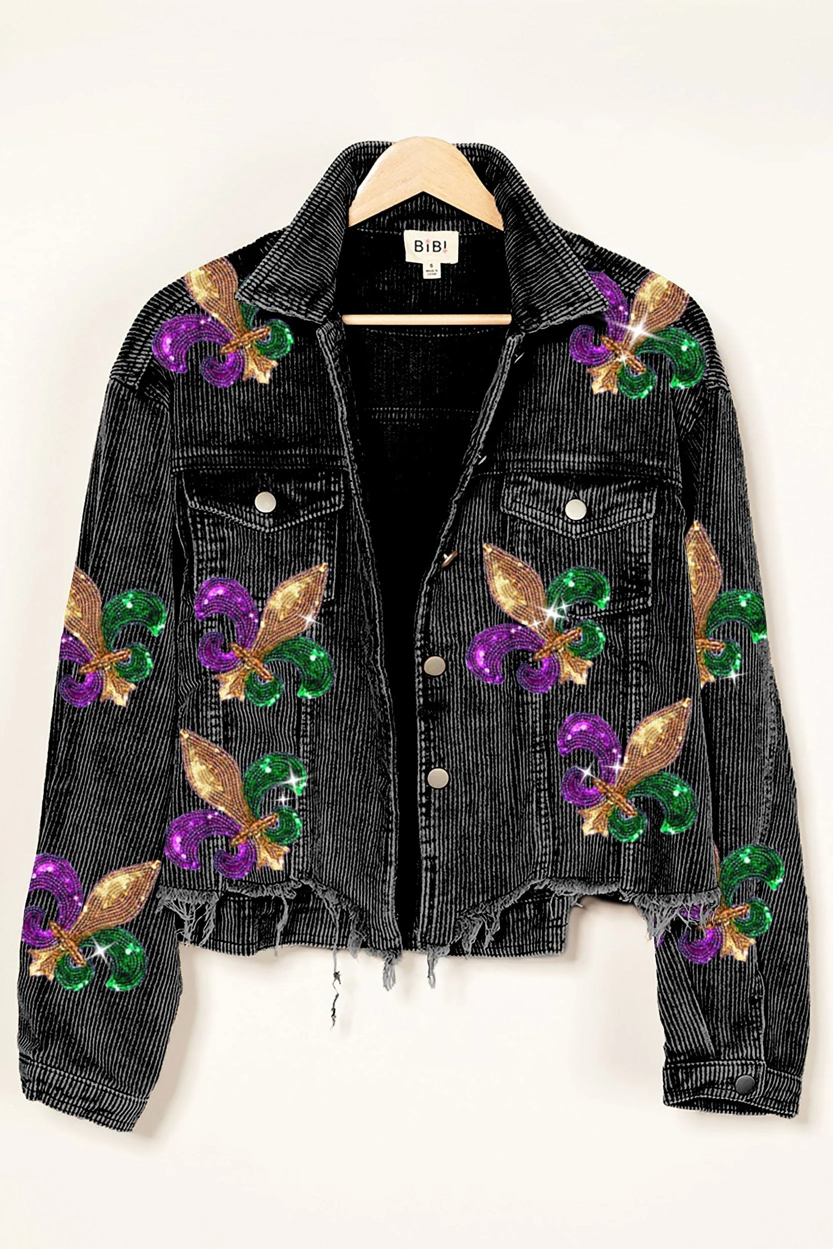 IP6187G-18 | FLEUR DE LIS SEQUIN PATCHES MARDI JACKET Solid shade