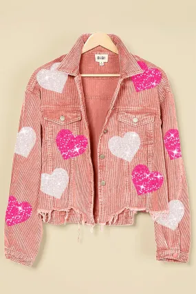 Refined Style Daily Wear IP6187G-27 | SEQUIN HEART PATCHES WASHED CORDUROY JACKET