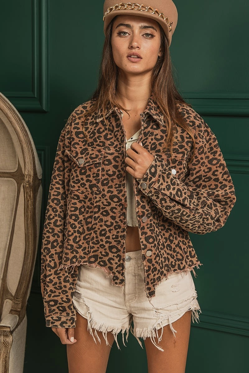 Vegan Safe Many Pockets IP6187J-02 | LEOPARD WASHED CORDUROY JACKET WITH DISTRESSED HEM