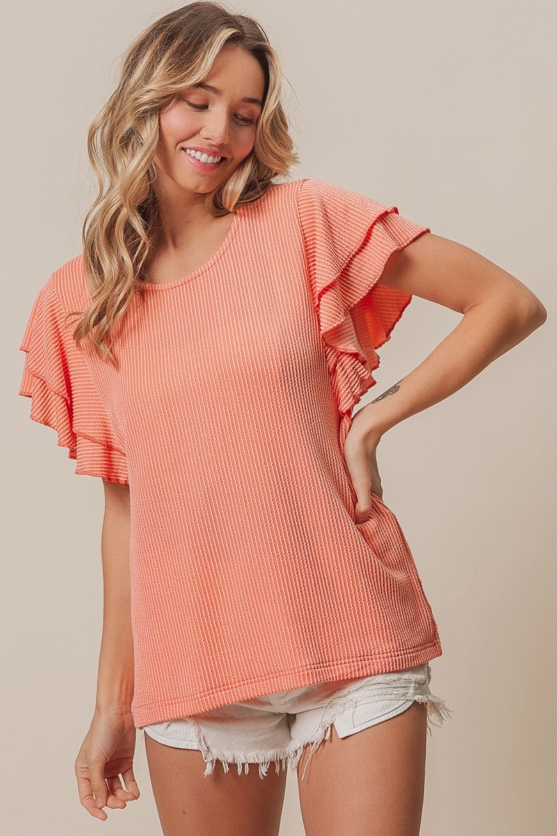 Functional Fit Fit For Daily IP6582G-25 | RIB TEXTURED RUFFLED SLEEVE TOP