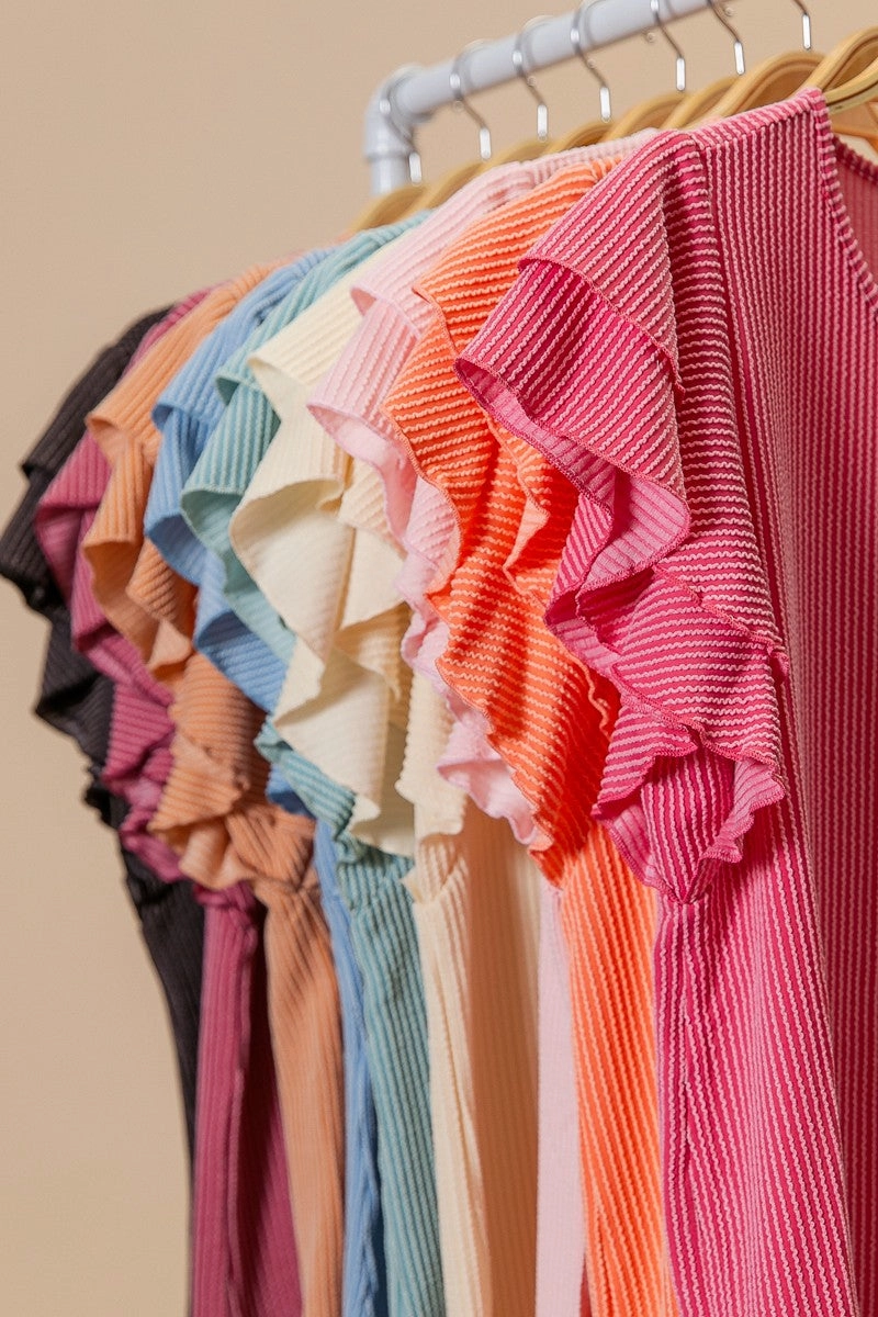 IP6582G-25 | RIB TEXTURED RUFFLED SLEEVE TOP Eco Friendly Weekend Casual Fit