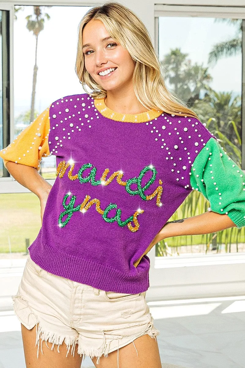 Long Use Quick-Dry Material IP6625G-55 | MARDI GRAS COLOR BLOCK PEARL BEADS SWEATER