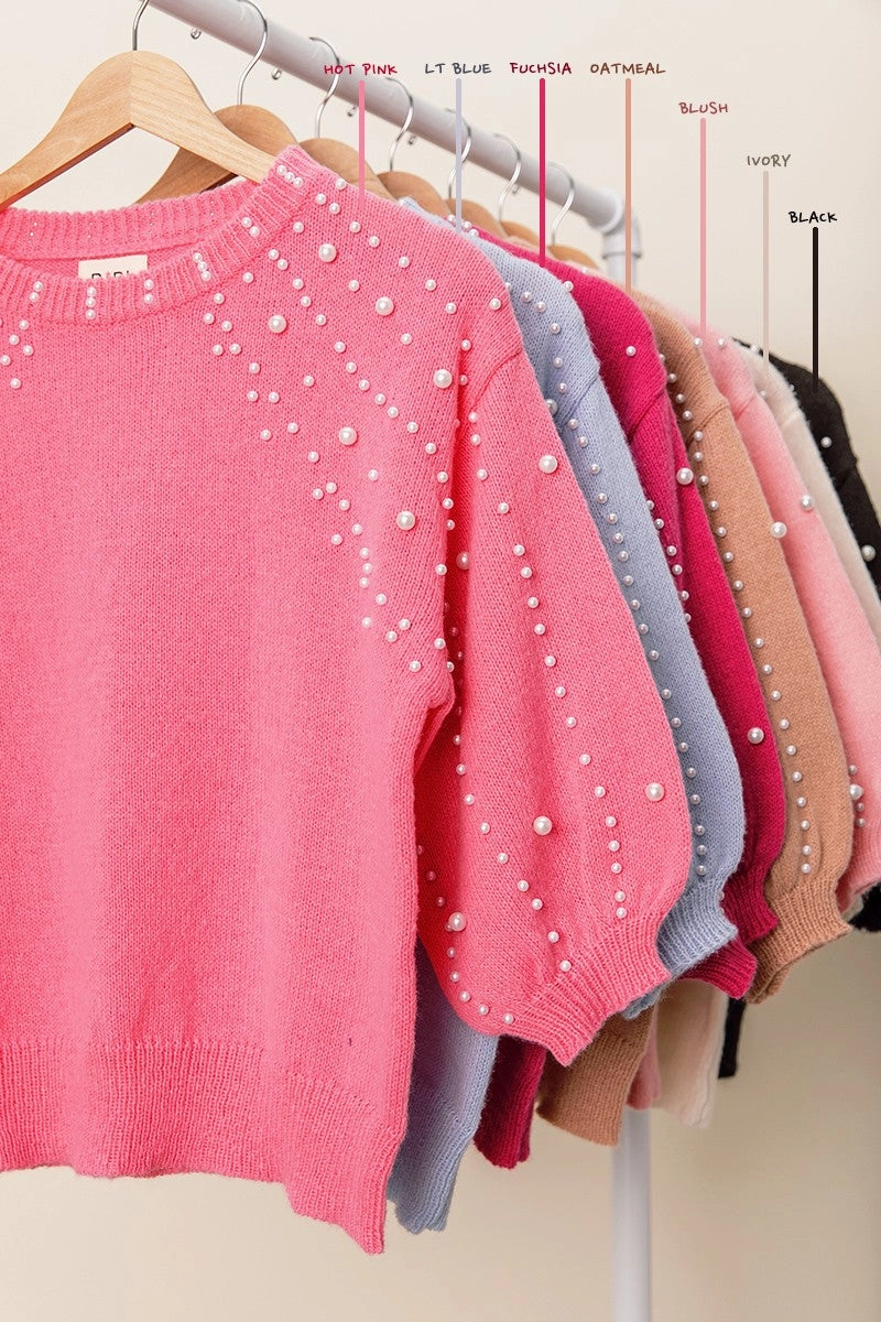 IP6625G-02 | PEARL BEADED SHORT SLEEVE SWEATER TOP Modern Layers Hiking Trail Outfit