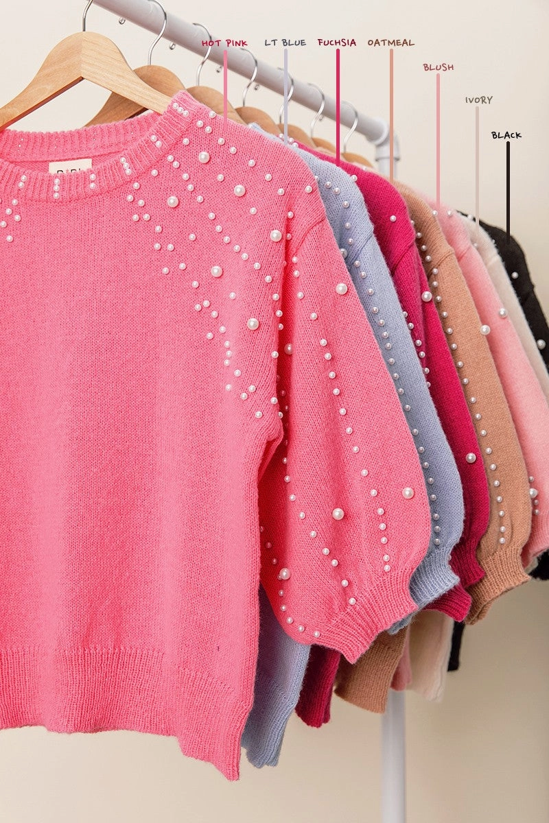 Outdoor Look IP6625G-02 | PEARL BEADED SHORT SLEEVE SWEATER TOP