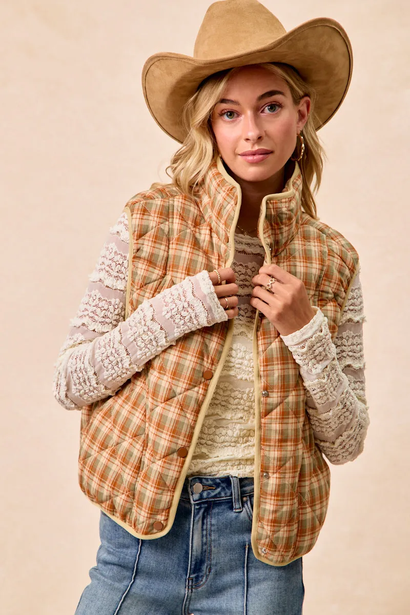 IP6755G-12 | VINTAGE PLAID PIPING DETAIL QUILTED VEST Easy Fit Soft Cover