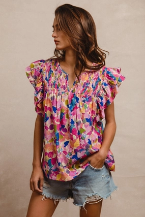 Sporty Chic IP6845G-23 | FLORAL PRINT SHIRRED YOKE NOTCH NECK RUFFLE SLEEVES TOP