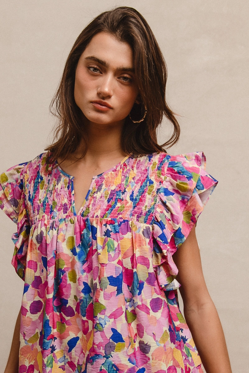 IP6845G-23 | FLORAL PRINT SHIRRED YOKE NOTCH NECK RUFFLE SLEEVES TOP Knee Length Many Pockets