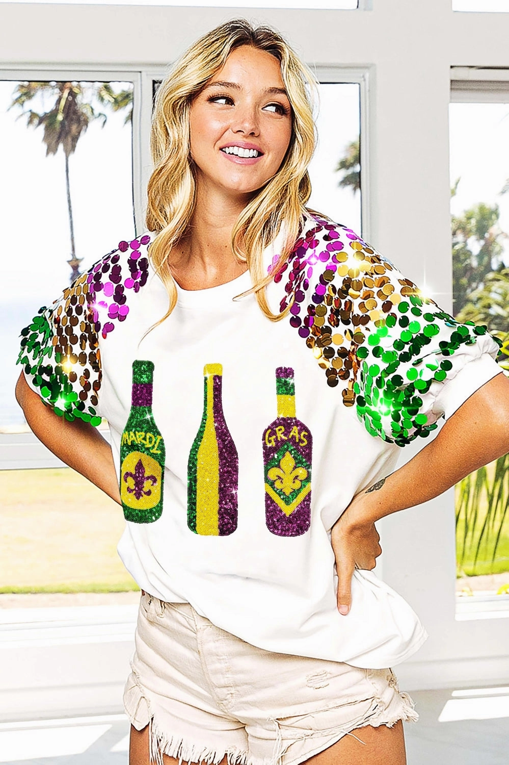 Lounge Mode IP6874-16 | SEQUIN MARDI GRAS BOTTLES SPANGLED SLEEVE TOP