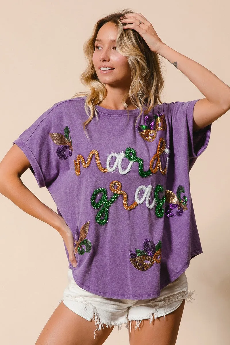 Outdoor Ready High Rise IP8188G-17 | MARDI GRAS LETTERING AND SEQUIN PATCHES WASHED TOP