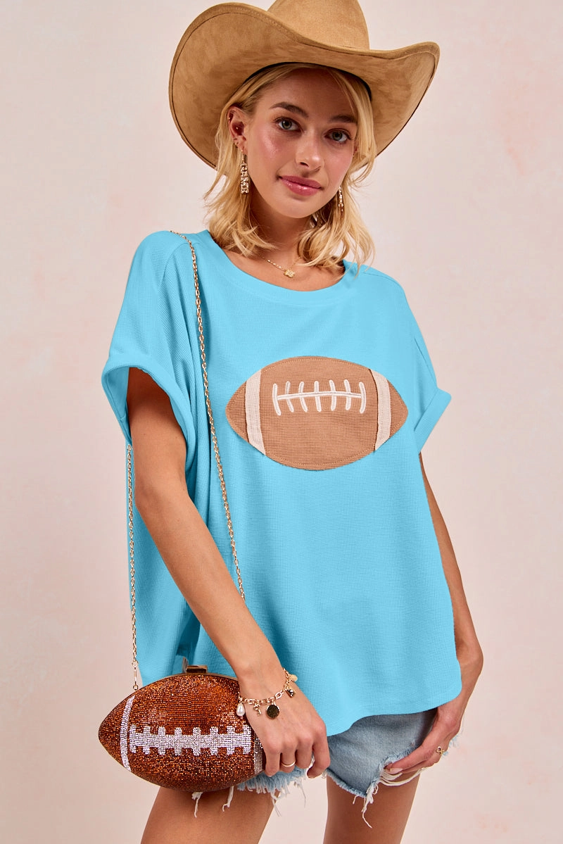 IP8188G-59 | GAMEDAY FOOTBALL PATCHWORK WAFFLE SHORT TOP Embellished Trim